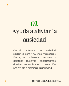 Cuando sufrimos de ansiedad podemos sentir muchos malestares físicos, no sabemos pararnos y dejamos nuestros pensamientos dominarnos en bucle. La relajación nos ayuda a disminuir la ansiedad