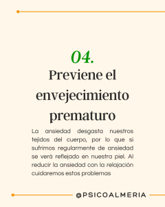 la ansiedad desgasta nuestros tejidos del cuerpo, por lo que si sufrimos regularmente de ansiedad se vera reflejada en nuestra piel. Al reducir la ansiedad con la relajación cuidaremos estos problemas