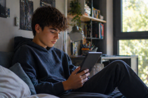 adolescente con tablet leyendo lectura
