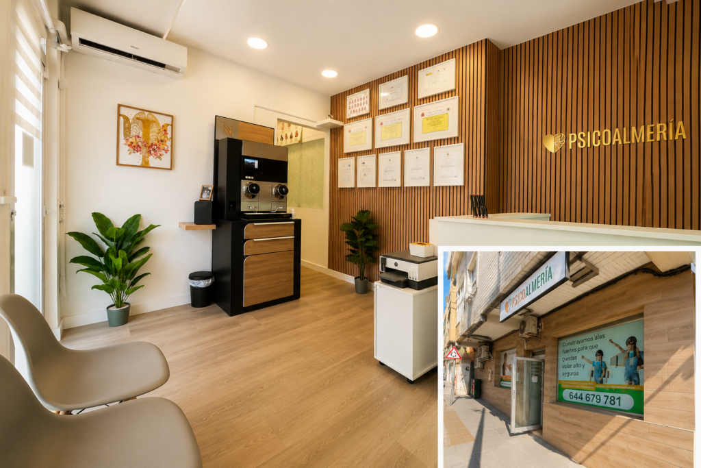 Recepción moderna y exterior del centro de psicología PsicoAlmería en Almería especializado en terapia psicológica presencial y online