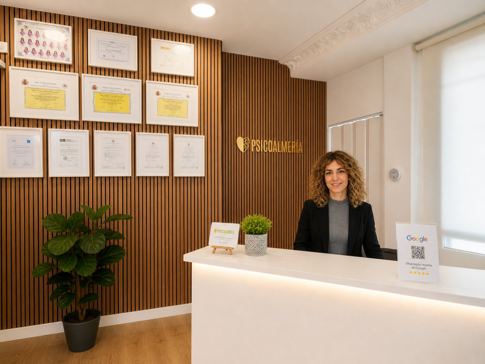 Recepción del centro de psicología PsicoAlmería en Almería con sala de espera moderna y atención personalizada