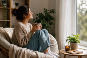 Mujer disfrutando de un momento de autocuidado y bienestar emocional tras establecer límites saludables en sus relaciones.