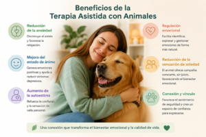 Terapia Asistida con Animales en Almería: 5 beneficios psicológicos 2 Beneficios de la terapia asistida con animales para reducir la ansiedad, mejorar la autoestima y favorecer el bienestar emocional.