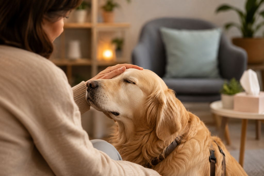 Terapia Asistida con Animales en Almería: 5 beneficios psicológicos 1 Mujer interactuando con un perro durante una sesión de terapia asistida con animales para mejorar el bienestar emocional y reducir la ansiedad.