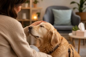 Terapia Asistida con Animales en Almería: 5 beneficios psicológicos 1 Mujer interactuando con un perro durante una sesión de terapia asistida con animales para mejorar el bienestar emocional y reducir la ansiedad.