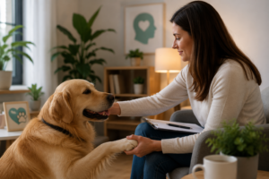 Terapia Asistida con Animales en Almería: 5 beneficios psicológicos 3 Psicóloga interactuando con un perro durante una sesión de terapia asistida con animales para tratar la ansiedad y mejorar el bienestar emocional.