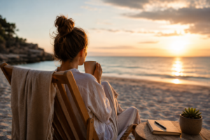 Mujer disfrutando de un momento de calma frente al mar durante sus vacaciones, practicando el descanso consciente para reducir el estrés y mejorar su salud mental.