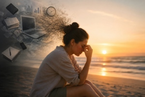 Mujer preocupada en la playa durante sus vacaciones mientras sigue pensando en el trabajo, representando el estrés vacacional, la ansiedad y el síndrome de burnout.