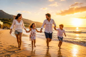 Familia con dos hijos disfrutando de un paseo por la playa durante las vacaciones, compartiendo tiempo de calidad y favoreciendo el bienestar emocional y la desconexión del estrés.