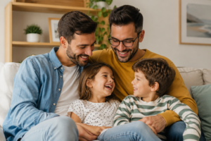 Dos padres junto a su hijo y su hija compartiendo un momento de cariño y felicidad en el hogar, representando el desarrollo saludable en una familia homoparental.