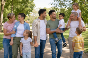 Varias familias homoparentales paseando y compartiendo un momento de ocio con sus hijos en un parque, representando la diversidad familiar y el bienestar infantil.