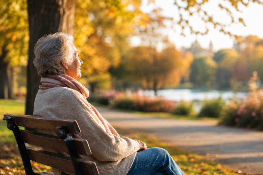 Salud mental en la vejez y envejecimiento saludabl Persona mayor disfrutando de un paseo en un parque como ejemplo de envejecimiento saludable y bienestar emocional.
